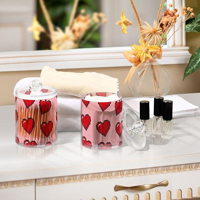 Tatenale Qtip Holder Bathroom Set Q tip Cotton Ball Swab Pad Dispenser Container Organizer Plastic Jars with Lids Storage 2Pack Red Pixel Hearts Pink - ModernBath