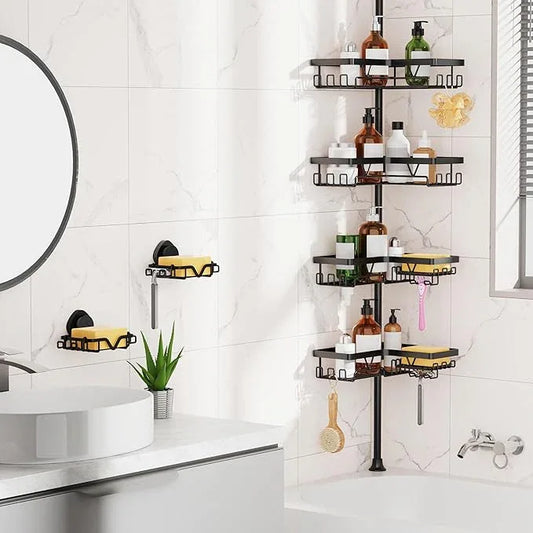 KEGII Shower Caddy Corner Tension Pole with 2 Suction Cup Soap Dishes, Rustproof 4-Tier Adjustable Bathroom Organizer, No-Drill Shower Storage Rack for, Fits 25–114.2 Inch, Black - ModernBath
