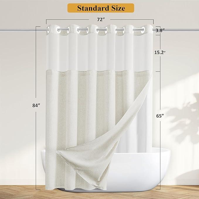 Jowels No Hooks Needed Linen Shower Curtain and Liner Set,Ivory Hotel Luxury Decor Shower Curtains for Bathroom with See Through Top Window,Water Resistant Fabric,72Wx84L,Ivory - ModernBath