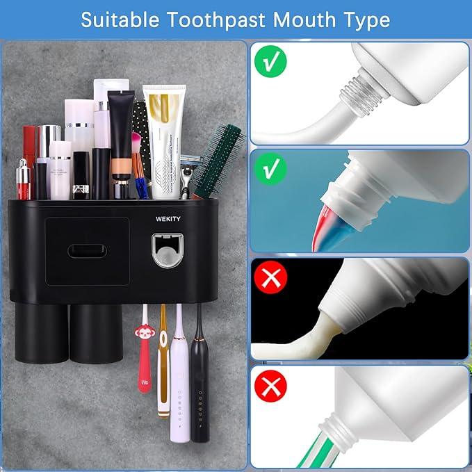 Wekity Multifunctional Wall-Mounted Toothbrush Holder, Automatic Toothpaste Dispenser Space Saving Toothbrush and Toothpaste Holder, with 2 Cups and Drawers Cosmetic Organizer (Black) - ModernBath