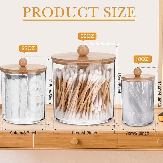Meanplan 9 Pack Plastic Apothecary Jars with Lids Acrylic Holder Dispenser for Bathroom, 10/22/39 oz Clear Plastic Storage Jars Floss Container for Swab Cotton Ball, 3 Sizes (Wooden Lid)
