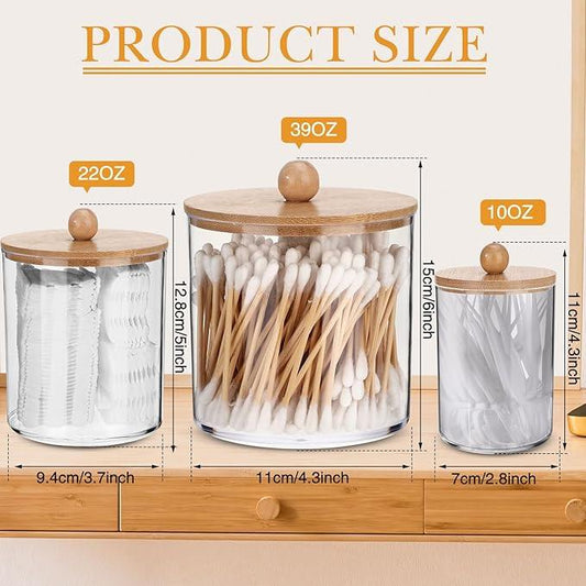 Meanplan 9 Pack Plastic Apothecary Jars with Lids Acrylic Holder Dispenser for Bathroom, 10/22/39 oz Clear Plastic Storage Jars Floss Container for Swab Cotton Ball, 3 Sizes (Wooden Lid) - ModernBath