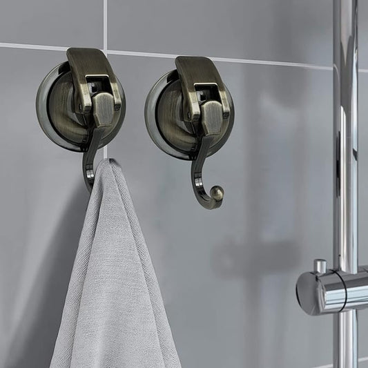 Heavy Duty Suction Cup Hooks for Shower, Bathroom Robe - Vacuum Glass Hooks, Reusable, No Hole Punched, for Garland Decoration (Bronze, 2 Pack)
