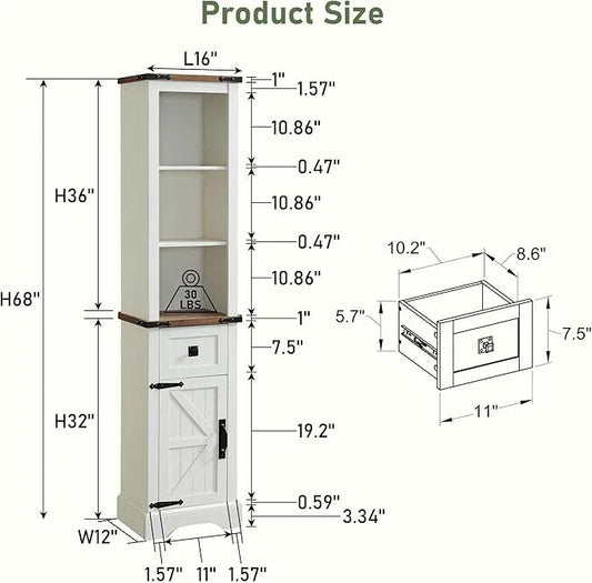 RedLemon Farmhouse Slim Bathroom Storage Cabinet, 68" Tall with Drawer & Adjustable Shelves, Rustic Narrow Storage Cabinet for Living Room, Bathroom, Kitchen, Antique White - ModernBath