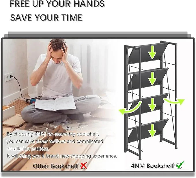 4NM No Assembly Folding Bookshelf Storage Shelves 4 Tiers Vintage Bookcase Standing Racks Study Organizer Home Office (All Black) - ModernBath