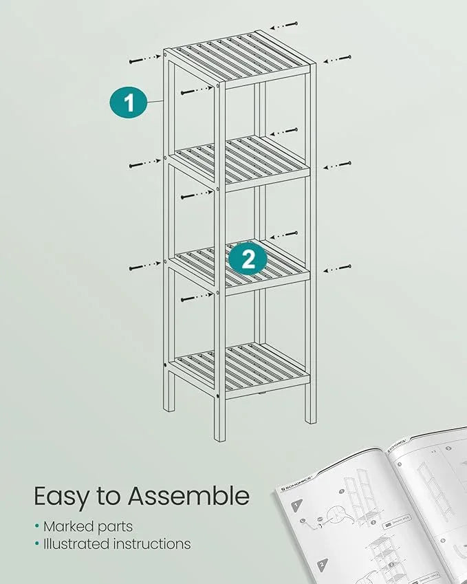 SONGMICS Bamboo Storage Shelf, 4-Tier Shelving Unit, Multifunctional, in The Entryway, Bathroom, Living Room, Balcony, Kitchen, 13 x 13 x 38.6 Inches, Cloud White UBCB054W01 - ModernBath