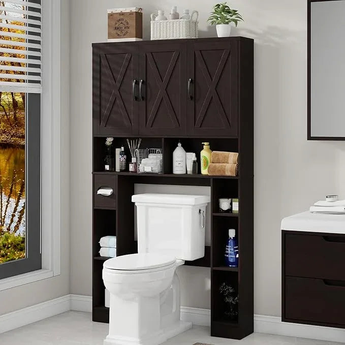Over The Toilet Storage Cabinet, Farmhouse Toilet Cabinet Rack with 3 Barn Doors, Space Saving Bathroom Organizer with Shelves, Toilet Paper Holder and Towel Rack for Bathroom,Restroom.(Walnut). - ModernBath