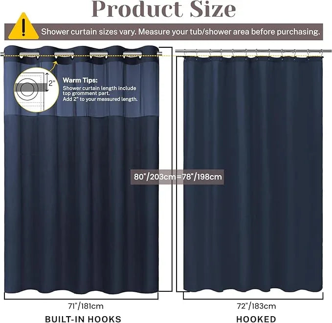 SORTTO No Hook Slub Textured Shower Curtain with Snap in Liner - Navy Fabric Outer Curtain & Waterproof Inner Liner, Hotel Style with See Through Top Window, 71x80 in - ModernBath