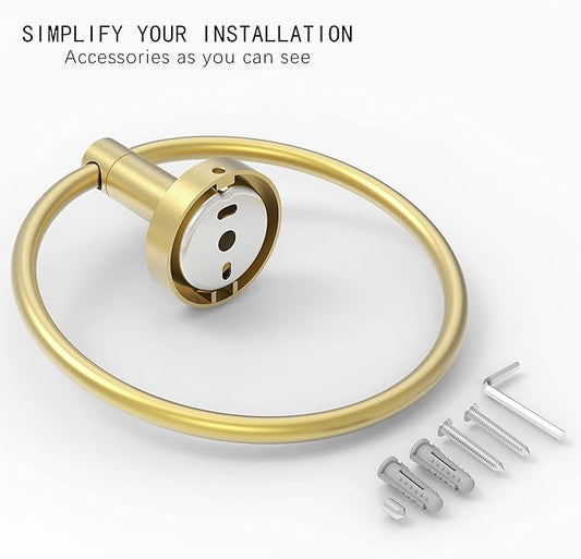 Gold Hand Towel Holder for Bathroom Kitchen Towel Ring Modern Rounded Base Wall Mount SUS304 Stainless Steel