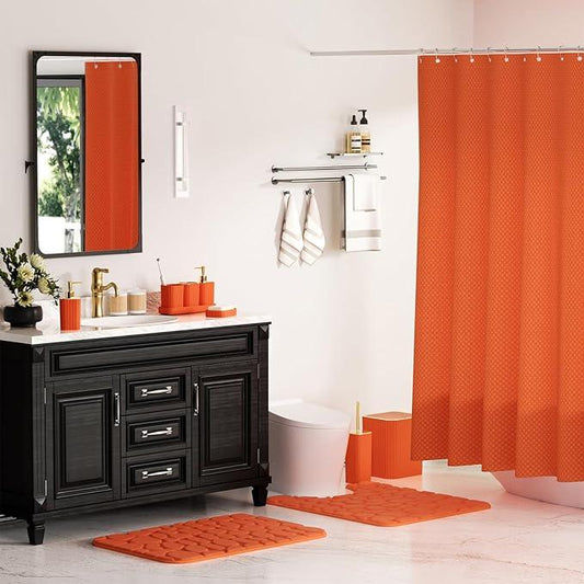 XLHOMO Bathroom Accessories Set - 25PC Bathroom Sets with Shower Curtain and Rugs, Orange Bathroom Accessories with Trash Can, Soap Dispenser, Soap Dish & Toilet Brush - ModernBath