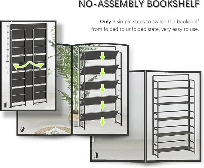 4NM No Assembly Extra Wide 5 Tiers Folding Bookshelf Storage Shelves Vintage Bookcase Standing Racks Study Organizer Home Office (All Black) - ModernBath