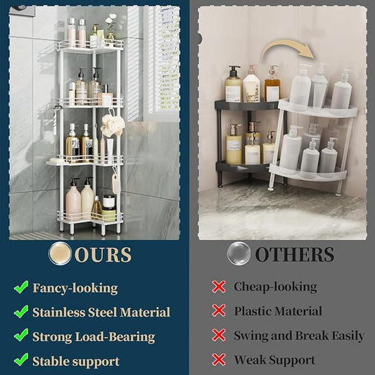 Consumest Corner Shower Caddy Standing - 4-Tier Stainless Steel Shower Organizer with Soap Holder and 4 Hooks, Large Capacity Corner Shelf Stand for Bathroom, Rest Room, White - ModernBath