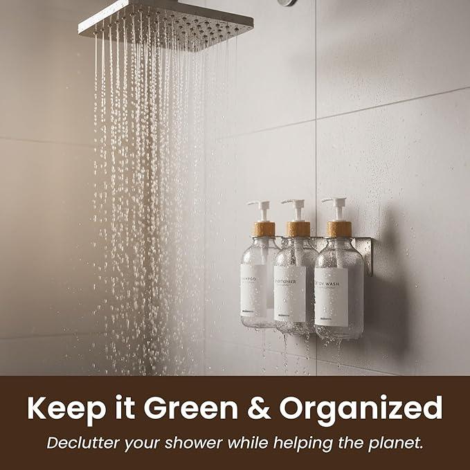 MaisoNovo Shampoo and Conditioner Dispenser - Shower Soap Dispenser Wall Mounted - 16.9 fl oz Set of 3 Clear Plastic Bottles White Bamboo Pump - Shampoo Dispenser, Shower Dispenser 3 Chamber No Drill - ModernBath