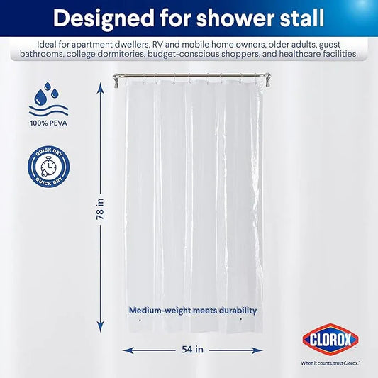 Clorox Shower Curtain Liner, Premium Medium-Weight Durable Waterproof 6g PEVA for Bathroom with Weighted Magnets, Extra Long 54" x 78", Clear 1 Pack - ModernBath