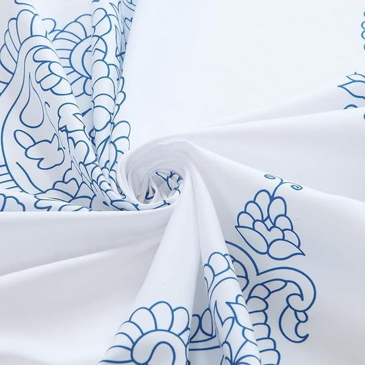 BESTRIPES 90 Inch Fabric Shower Curtain, Extra Long White and Blue Paisley Damask Medallion Print Shower Curtains for Bathroom, 72" W x 90" H