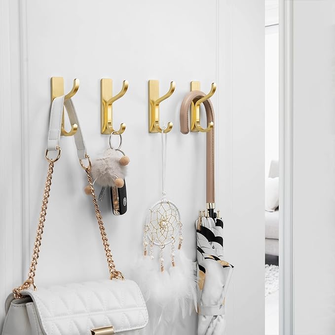 pickpiff Adhesive Wall Coat Hooks - Heavy Duty Stick-On Door Hanger, Metal Hook for Hanging Towel,Purse, Robe, Backpack, Jacket, Clothes - for Bathroom,Dorm, Closet, Kitchen - Gold, 10 Pack