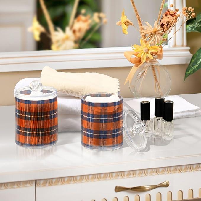 Qtip Holder Bathroom Set Q tip Cotton Ball Swab Pad Dispenser Container Organizer Plastic Jars with Lids Storage 2Pack Retro Tartan Plaid Orange and Blue - ModernBath