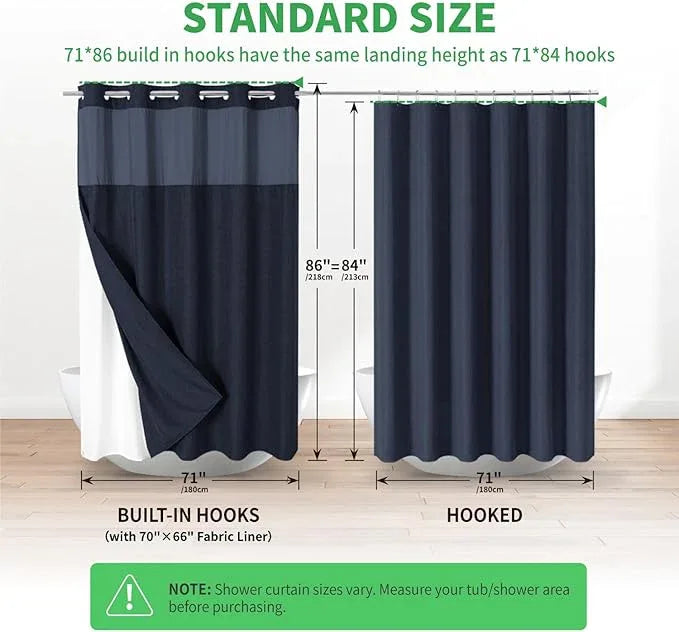eachope Extra Long No Hooks Needed Linen Textured Shower Curtain with Snap-in Fabric Liner Set,White Hotel Luxury Decor Shower Curtains for Bathroom,Waterproof & Washable,71Wx86H,Navy Blue - ModernBath