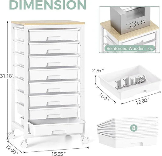 Rolling Cart with Drawers,8 Drawer Rolling Cart,Rolling Drawer Cart,Rolling Storage Drawer Cart,White Rolling Cart,Utility Cart with Drawers and Wooden Tabletop - ModernBath