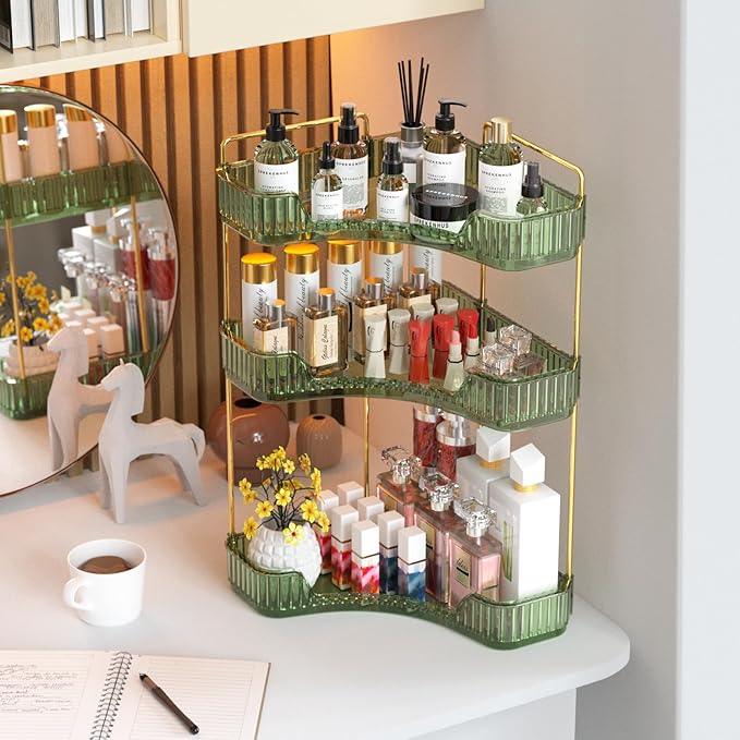 GTI 3-Tier Corner Bathroom Counter Organizer, Large Capacity Makeup Organizer Countertop, Perfume Cosmetics Skincare Vanity Organizers, Exquisite Countertop Storage for Women (Green) - ModernBath