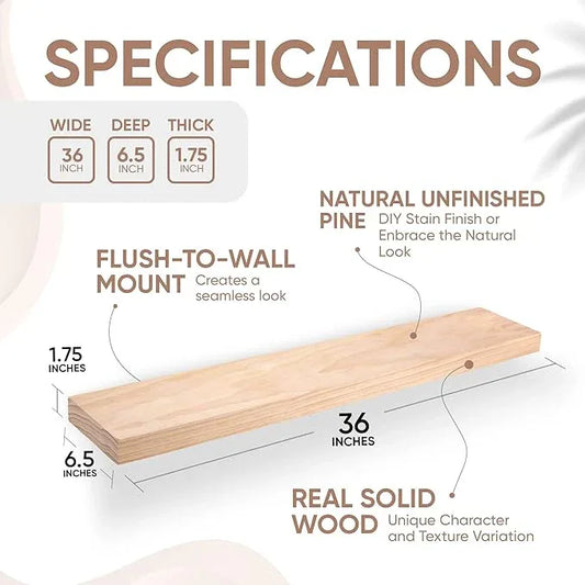 Homeforia 36 inch Wood Floating Shelves, High End Solid Natural Wood 36inch Large Floating Shelf Bathroom, Unfinished Wooden Floating Shelves for Wall, Heavy Duty Bracket, 36 X 6.5 X 1.75 in, Set of 4 - ModernBath