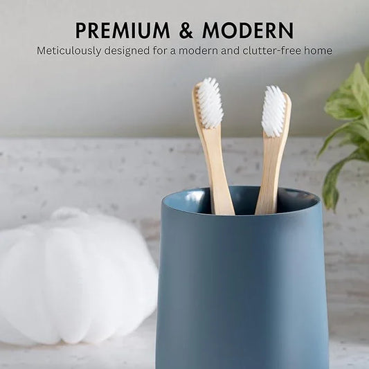 Yew Design Matte Blue Toothbrush and Toothpaste Holder and Cup for Bathroom Vanity and Countertop, Round Organizer for Electric Toothbrushes, Floss, Razors, Cotton, and Mouthwash - ModernBath