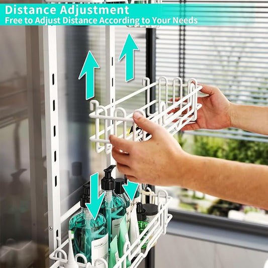 HapiRm 4 Tier Over the Door Shower Caddy, Hanging Shower Caddy with 22 Hooks and 2 Toothbrush Holders, No Drilling Adjustable Hanging Bathroom Organizer - White