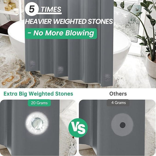 AmazerBath Dark Grey Shower Curtain Plastic, PEVA Shower Curtain Heavy Duty, Gray Shower Curtains for Bathroom, Waterproof Shower Curtain 72x72 with 3 Big Weighted Stones and 12 Rustproof Grommets - ModernBath
