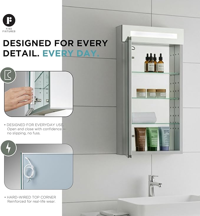 Fine Fixtures Bathroom Medicine Cabinet, Aluminum, Recessed/Surface Mount, Mirrored Interior w/LED (15 x 40 Left)