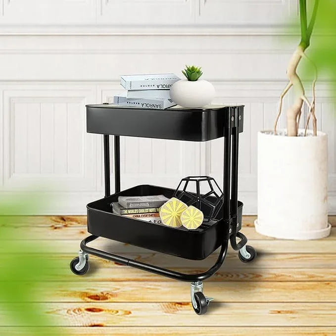 2 Tier Utility Cart,Metal Rolling Cart with Wheels and Cover for Office Home Kitchen Organization (Black-1, 2 Tier) - ModernBath