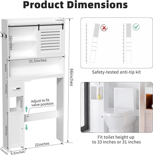 Coolfat Over The Toilet Storage Cabinet, Bathroom Storage Cabinet Organizer, Above Toilet Rack with Door and Adjustable Shelves, Space Saver for Restroom, Laundry (White Right Side)