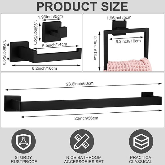 Gisafai 15 Pcs Black Bathroom Hardware Accessories Set 23.6 Inch Bath Towel Bar Kit Stainless Steel Bathroom Hardware Set Towel Racks Ring Robe Hooks Paper Holder for Wall Mounted