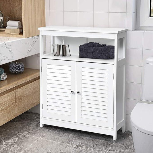Tangkula Bathroom Floor Cabinet, Wooden Freestanding Storage Cabinet with Double Shutter Door & Adjustable Shelf, Storage Cabinet for Bathroom Living Room (White) - ModernBath