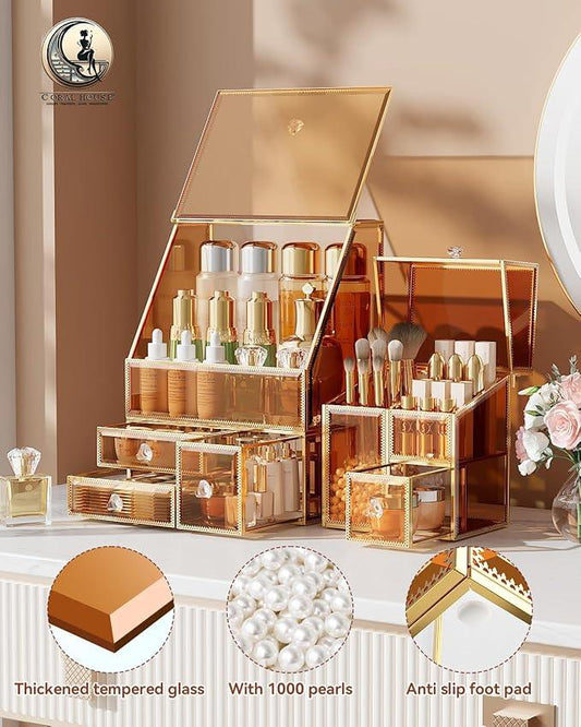 CoralHouse Makeup Organizer Amber,Glass Vanity Organizer for Skincare, Lipsticks, Perfume, Makeup Brushes – Countertop Cosmetic Storage Box for Women, Bathroom & Dresser - ModernBath