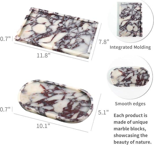 Real Luxurious Natural Marble Vanity Tray Genuine Marble Storage Tray for Home Decor Stone Tray for Bathroom/Kitchen/Vanity/Dresser Non-Resin/Non-Ceramic/Viola Oval Set - ModernBath