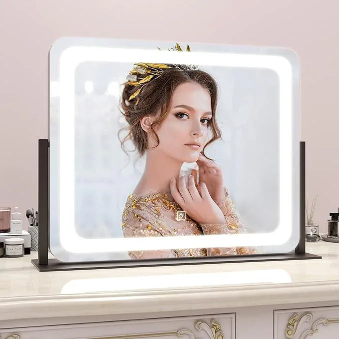 ROLOVE 22x17 Inch Lighted Vanity Mirror with Dimmable LED Lights - 3 Color Modes, Smart Touch Control & 360° Rotating Base - Desk Makeup Mirror (Black) - ModernBath