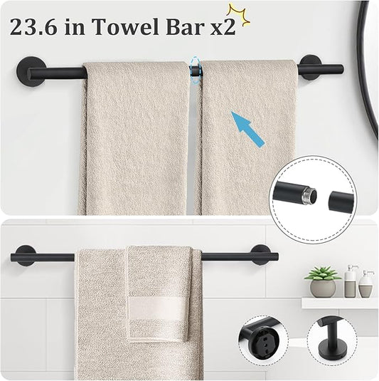 TURS Matte Black 10 Pieces Bathroom Hardware Set, SUS304 Stainless Steel 24 Inch Bath Towel Bar Set, Round Bathroom Accessories Kit Wall Mounted