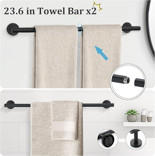 TURS Matte Black 10 Pieces Bathroom Hardware Set, SUS304 Stainless Steel 24 Inch Bath Towel Bar Set, Round Bathroom Accessories Kit Wall Mounted - ModernBath