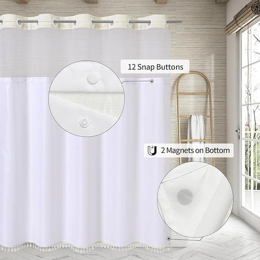 MitoVilla No Hooks Needed Farmhouse Shower Curtain with Snap-in Liner - with Window & Magnets, Boho Cotton Linen Fabric Shower Curtains with Tassels for Rustic Bathroom Decor, Ivory, 72 x 74 - ModernBath