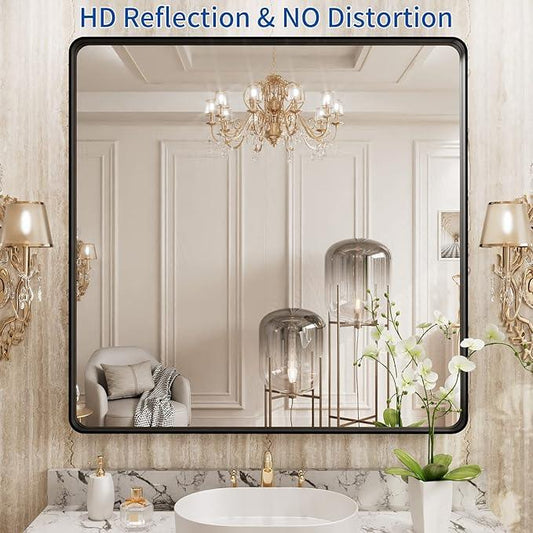 WEER 36X36 Inch Black Metal Framed Bathroom Mirror, Matte Black Bathroom Vanity Mirror, Rectangular Black Wall Mirror for Bathroom, Tempered Glass, Rounded Corner, Hangs Horizontal or Vertical - ModernBath