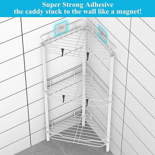 3 Tier Floor Standing Corner Shower Caddy Organizer Shelf with Hooks, Bathroom Shelves Stand Rack, White - ModernBath