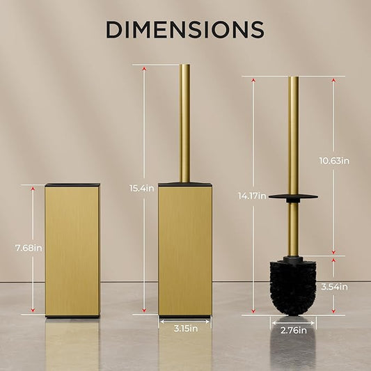 FORIOUS Toilet Brush and Holder Set, Heavy Duty 304 Stainless Steel Base Square and Long Handle for Bathroom Deep Cleaning, Drip-Proof, Space Saving for Storage, 2 Toilet Bowl Brush Head, Dark Gold