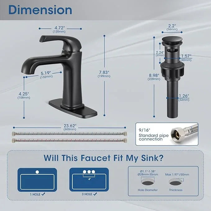 Matte Black Bathroom Faucet, Brass Single Hole Bathroom Faucets for 1 or 3 Holes, Vanity Faucet with Supply Lines and Deck Plate, Pop Up Drain - ModernBath