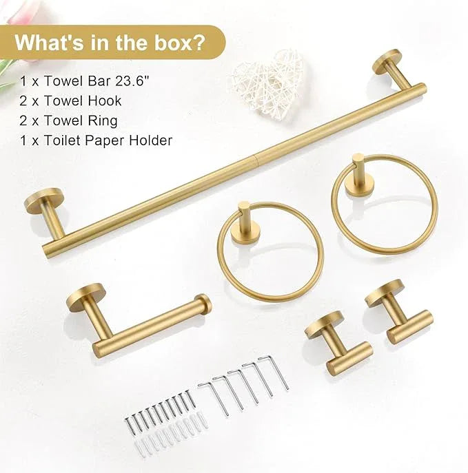 TQKAG Brushed Gold Bathroom Hardware Set 6-Piece Bathroom Accessory Set 23.6 Inch Round Stainless Steel Towel Bar Set Wall Mounted - ModernBath