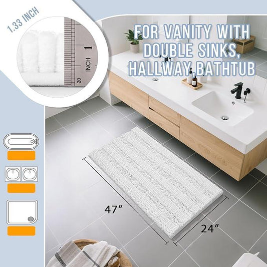 Yimobra Bathroom Rug Mat 47 x 24, Non Slip and Super Absorbent Bath Mat,Machine Washable Quick Dry,Ultra Plush Chenille Shower Rugs for Bathroom Floor Sink Tub and Shower Outside,White - ModernBath