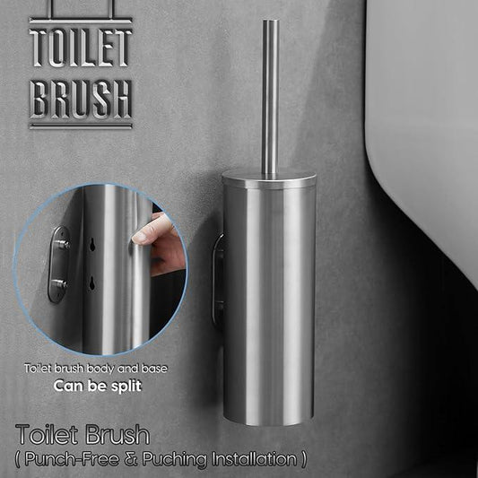 Brushed Stainless Steel Toilet Brush and Cover, No-Punch Hook Base Dual Purpose Toilet Brush Holder with Removable Inner Bucket and Splash Cover - Soft Bristles (Brushed) - ModernBath