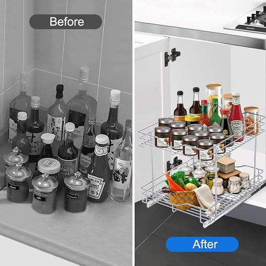 FULGENTE Chrome Finish Pull Out Drawer Cabinet Organizer 2 Tier (14" W X 18" D) Sliding Drawers For Kitchen Cabinets Cookware Organizer Drawer For Cabinet Slide Out Shelves