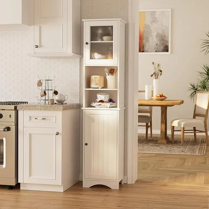 Gizoon 67.1" Tall Bathroom Storage Cabinet with Adjustable Shelves, Narrow Tall Linen Tower with Open Shelves, Two-Way Doors Freestanding Cabinet with Anti-Tip, for Home, Kitchen, Living Room, White - ModernBath