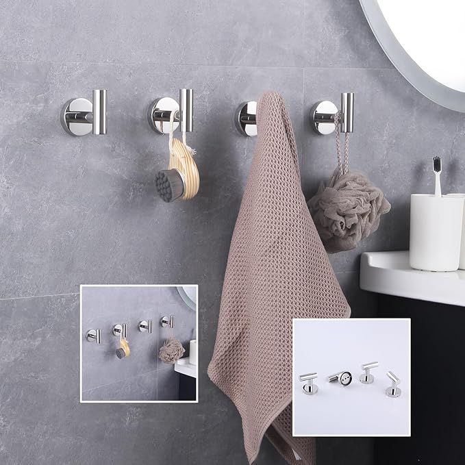 GERZWY Bathroom Towel Hook SUS 304 Stainless Steel Coat/Robe Clothes Hook for Bath Kitchen Modern Hotel Style Wall Mounted 4 Pack Polished Finish AG1307B-JG
