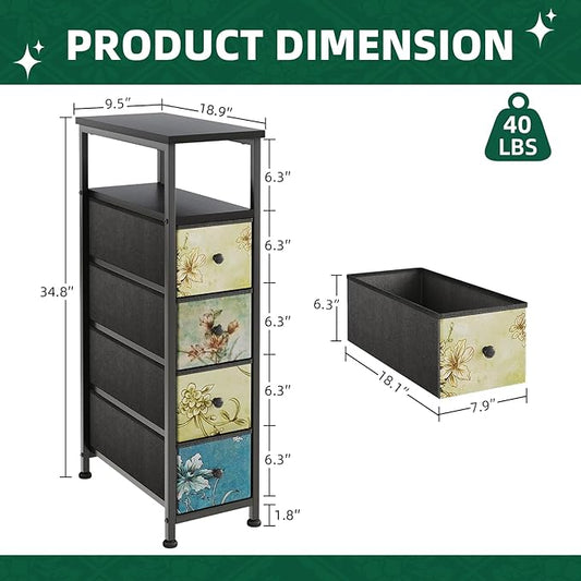 Narrow Dresser, Narrow Nightstand Dresser Storage Tower with 4 Drawers, Slim Fabric Dressers Chest of Drawers for Small Spaces, Retro Flower Dressers, for Bedroom Bathroom Laundry Closet (Black)